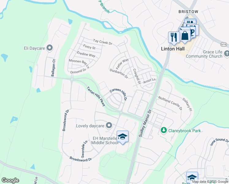 map of restaurants, bars, coffee shops, grocery stores, and more near 9832 Earls Ferry Circle in Bristow