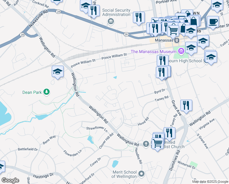 map of restaurants, bars, coffee shops, grocery stores, and more near 9333 Wax Myrtle Way in Manassas