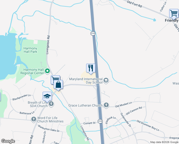 map of restaurants, bars, coffee shops, grocery stores, and more near 10709 Indian Head Highway in Fort Washington