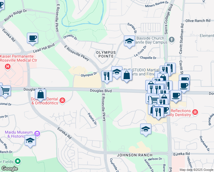 map of restaurants, bars, coffee shops, grocery stores, and more near 1600 East Roseville Parkway in Roseville