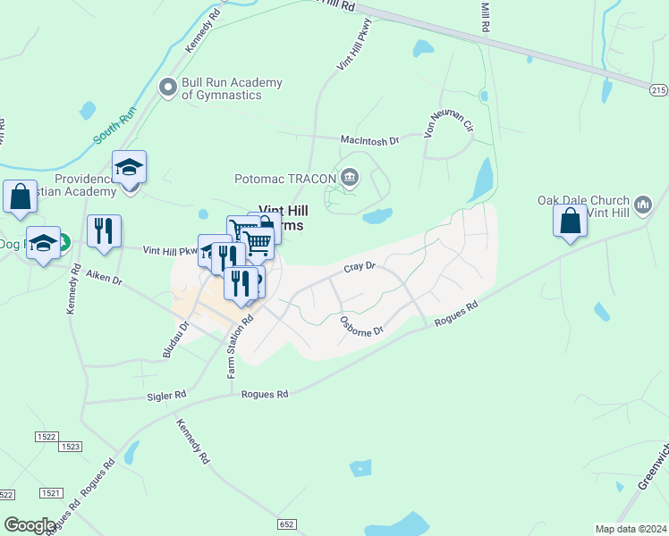 map of restaurants, bars, coffee shops, grocery stores, and more near 4094 Cray Drive in Warrenton