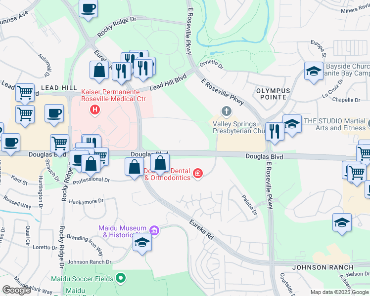map of restaurants, bars, coffee shops, grocery stores, and more near 2247 Douglas Boulevard in Roseville