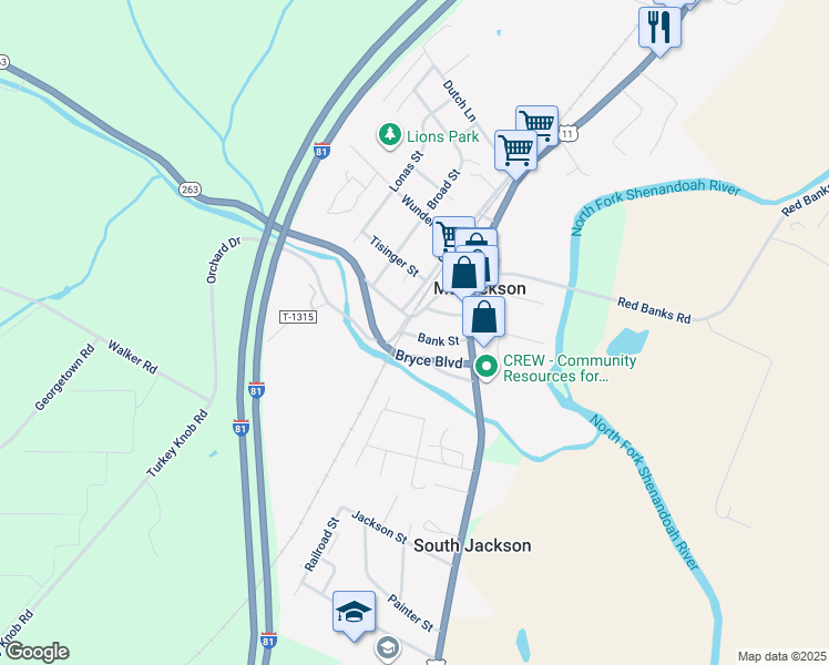 map of restaurants, bars, coffee shops, grocery stores, and more near 174 Bank Street in Mount Jackson