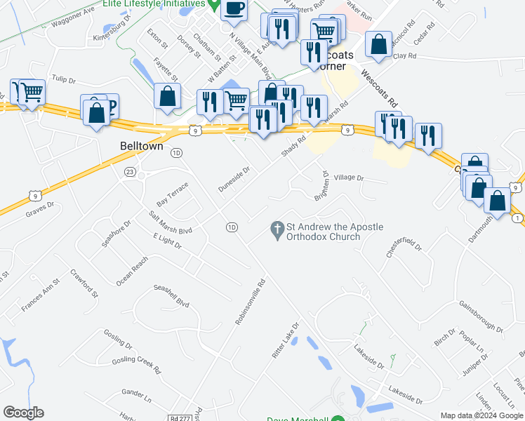 map of restaurants, bars, coffee shops, grocery stores, and more near 21044 Wavecrest Terrace in Sussex County