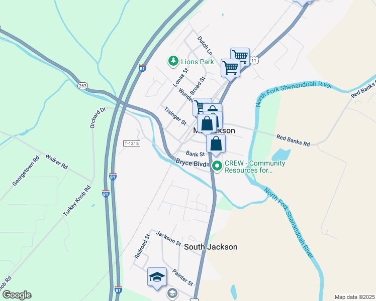 map of restaurants, bars, coffee shops, grocery stores, and more near 174 Bank Street in Mount Jackson