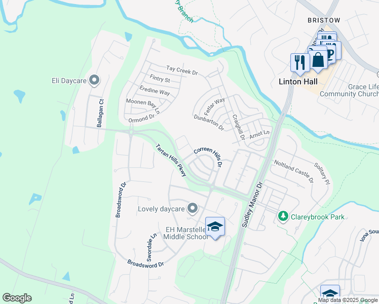 map of restaurants, bars, coffee shops, grocery stores, and more near 12936 Correen Hills Drive in Bristow