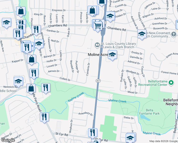 map of restaurants, bars, coffee shops, grocery stores, and more near 9746 Cambria Drive in St. Louis