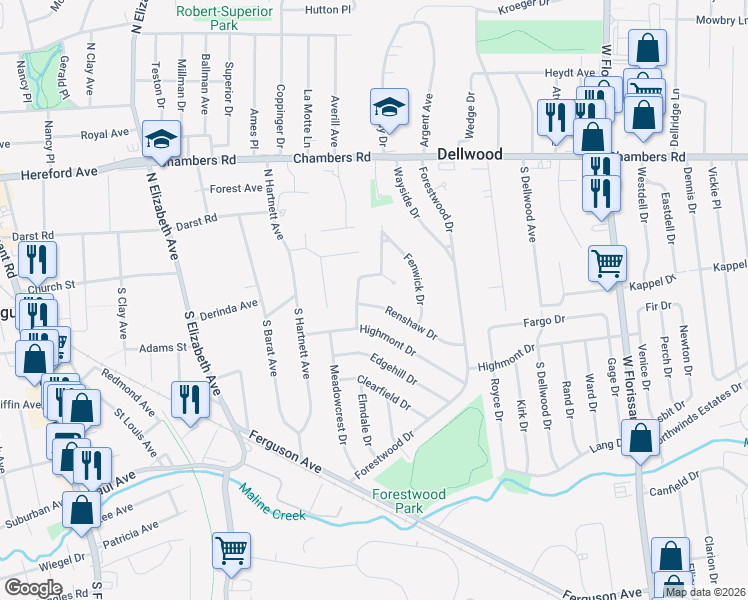 map of restaurants, bars, coffee shops, grocery stores, and more near 62 Delworth Court in Ferguson