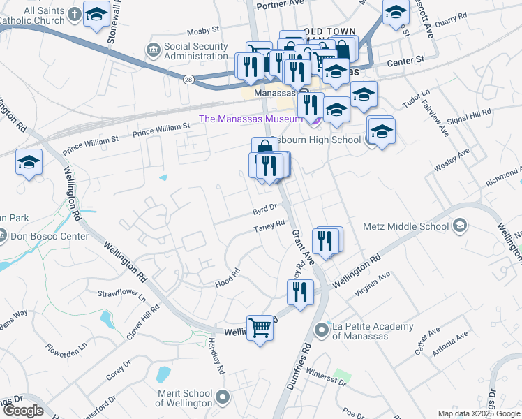 map of restaurants, bars, coffee shops, grocery stores, and more near 9238 Byrd Drive in Manassas