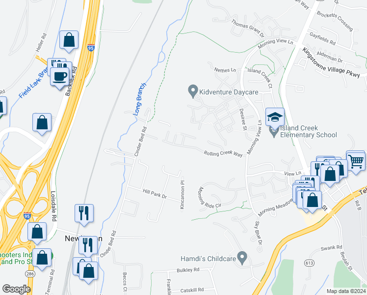 map of restaurants, bars, coffee shops, grocery stores, and more near 6899 Rolling Creek Way in Alexandria