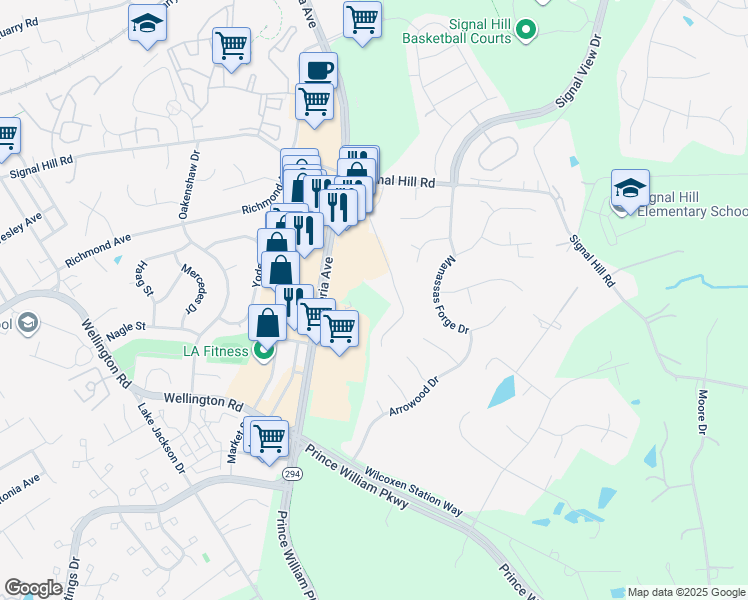 map of restaurants, bars, coffee shops, grocery stores, and more near 9735 Liberia Avenue in Manassas