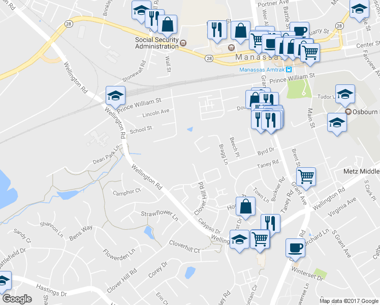 map of restaurants, bars, coffee shops, grocery stores, and more near 9316 Fringe Tree Lane in Manassas