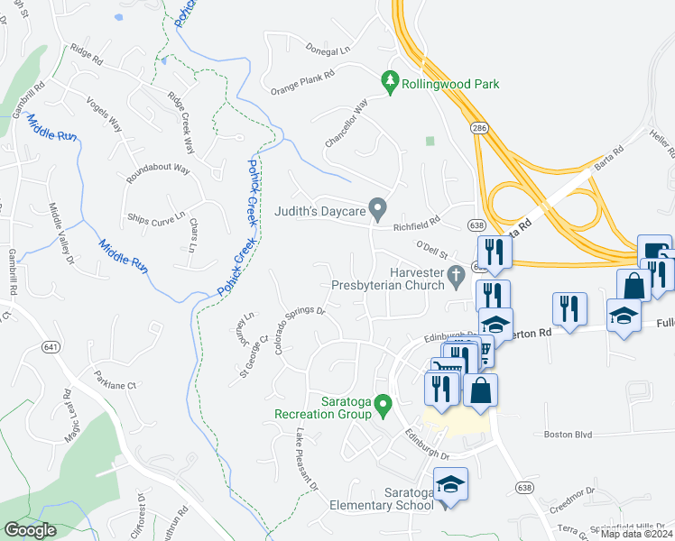 map of restaurants, bars, coffee shops, grocery stores, and more near 7809 New London Drive in Springfield