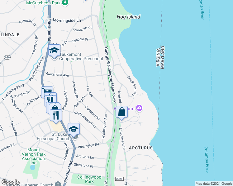 map of restaurants, bars, coffee shops, grocery stores, and more near 7830 Kent Road in Alexandria