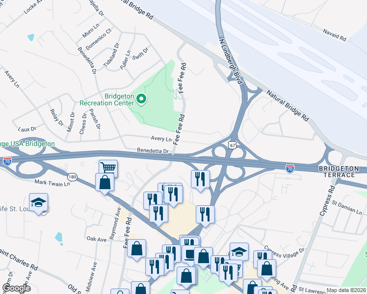 map of restaurants, bars, coffee shops, grocery stores, and more near 11496 Long Rd in Bridgeton