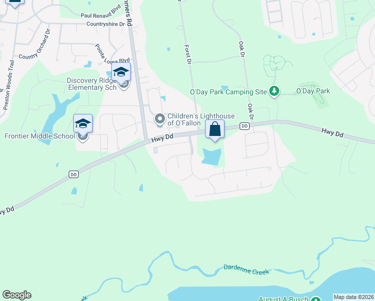 map of restaurants, bars, coffee shops, grocery stores, and more near 105 Fox Haven Drive in Dardenne Prairie
