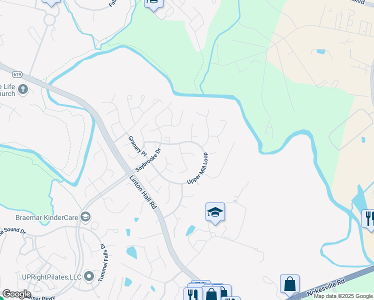 map of restaurants, bars, coffee shops, grocery stores, and more near 9805 Nugget Court in Bristow