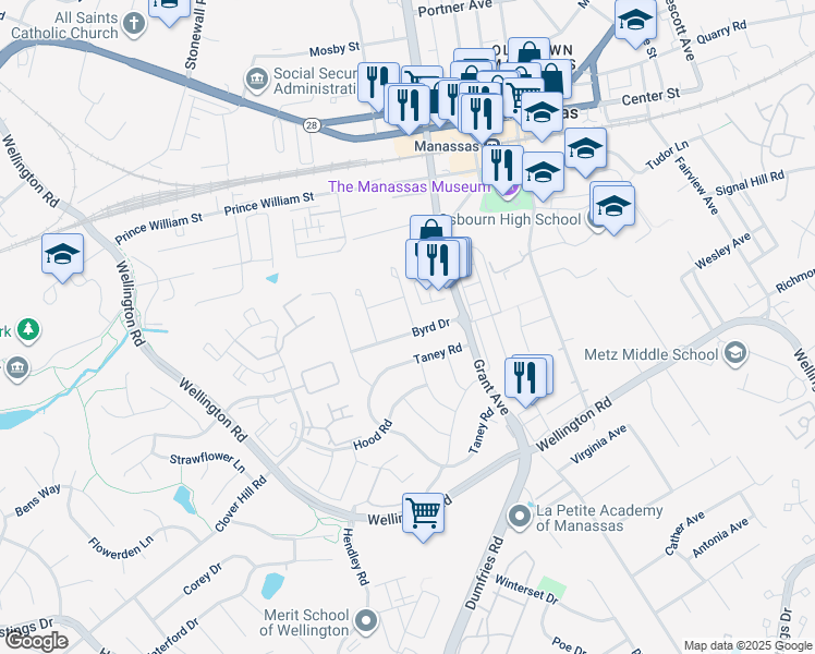 map of restaurants, bars, coffee shops, grocery stores, and more near 9730 Aspen Place in Manassas