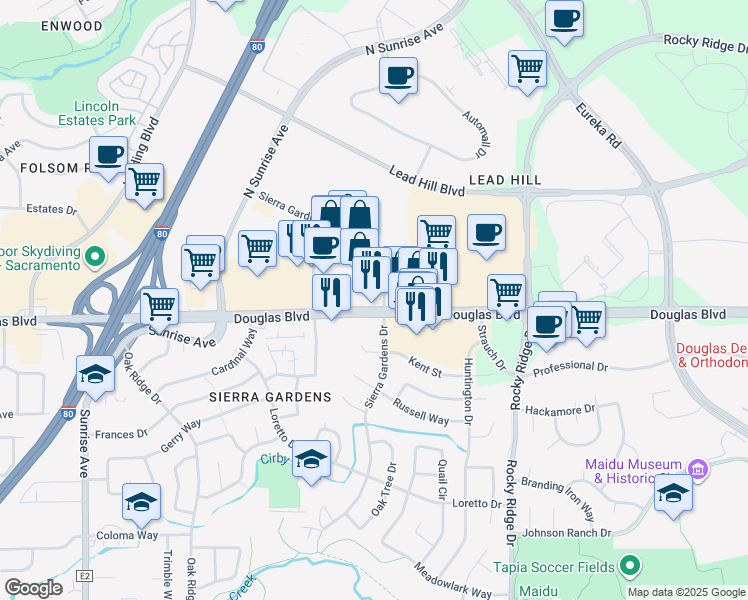 map of restaurants, bars, coffee shops, grocery stores, and more near 1821 Douglas Blvd in Roseville