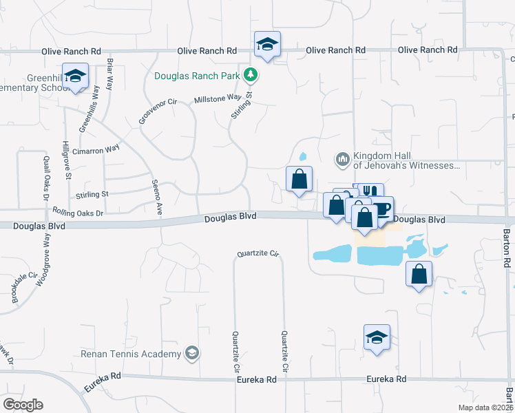 map of restaurants, bars, coffee shops, grocery stores, and more near 8008 Douglas Ranch Drive in Granite Bay