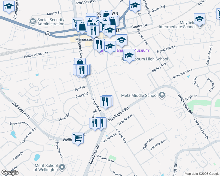 map of restaurants, bars, coffee shops, grocery stores, and more near 9708 Main Street in Manassas