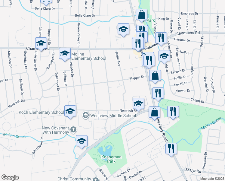 map of restaurants, bars, coffee shops, grocery stores, and more near 9738 Jacobi Avenue in St. Louis