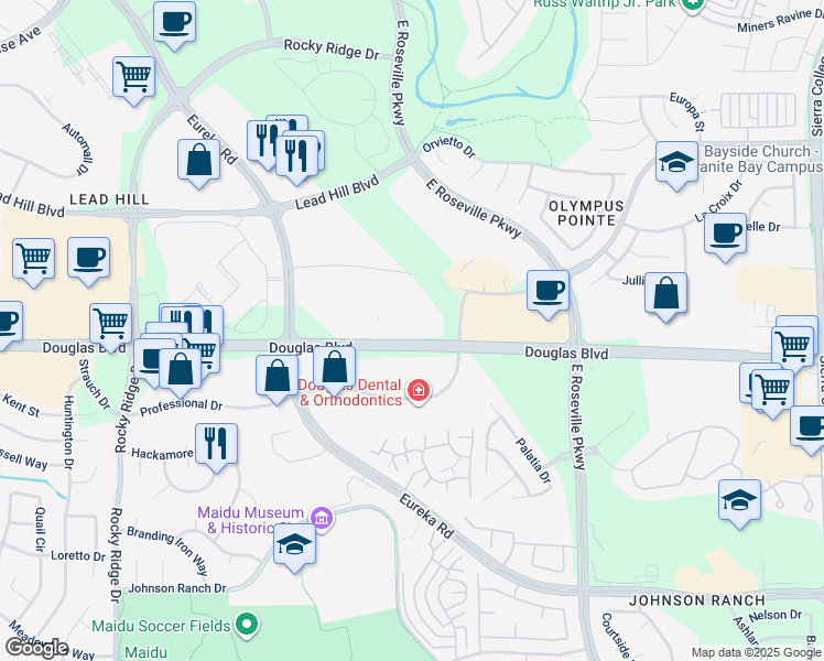 map of restaurants, bars, coffee shops, grocery stores, and more near 2251 Douglas Boulevard in Roseville