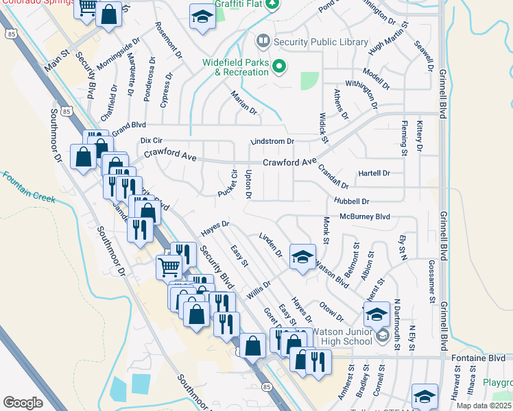 map of restaurants, bars, coffee shops, grocery stores, and more near 645 Upton Drive in Colorado Springs