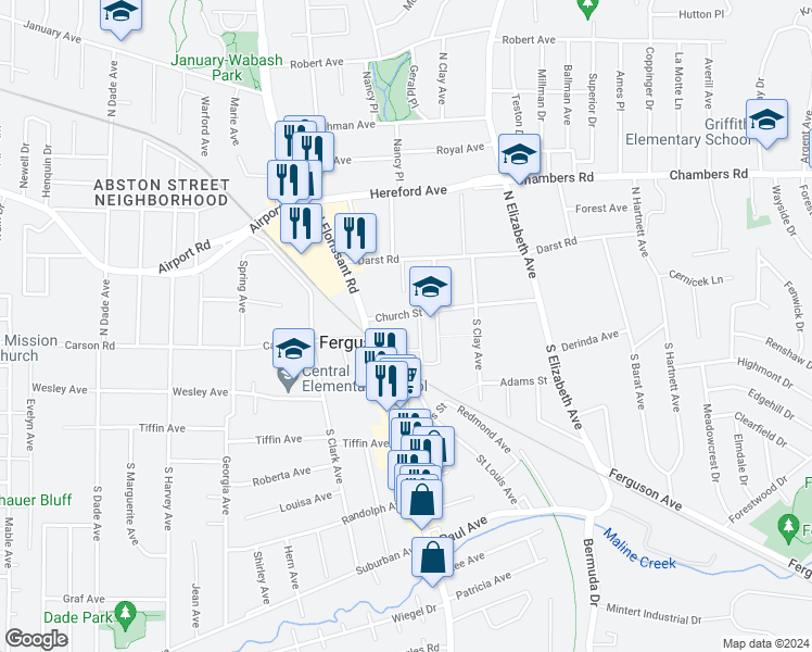 map of restaurants, bars, coffee shops, grocery stores, and more near 126 Church Street in Ferguson