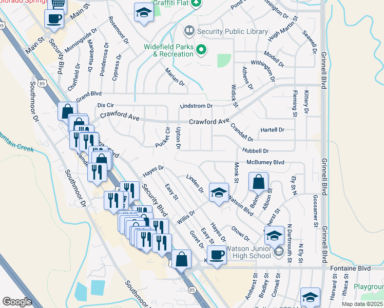 map of restaurants, bars, coffee shops, grocery stores, and more near 645 Upton Drive in Colorado Springs