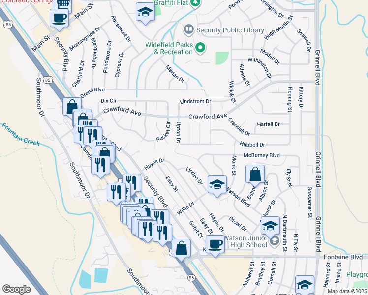 map of restaurants, bars, coffee shops, grocery stores, and more near 645 Upton Drive in Colorado Springs