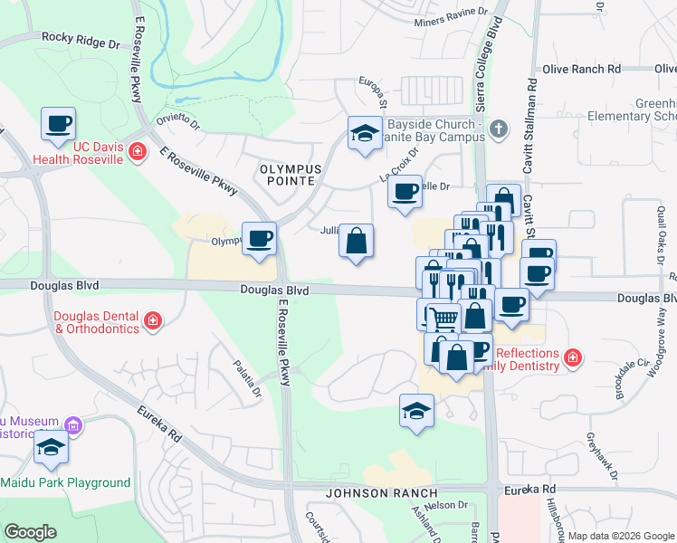 map of restaurants, bars, coffee shops, grocery stores, and more near 3001 Douglas Boulevard in Roseville