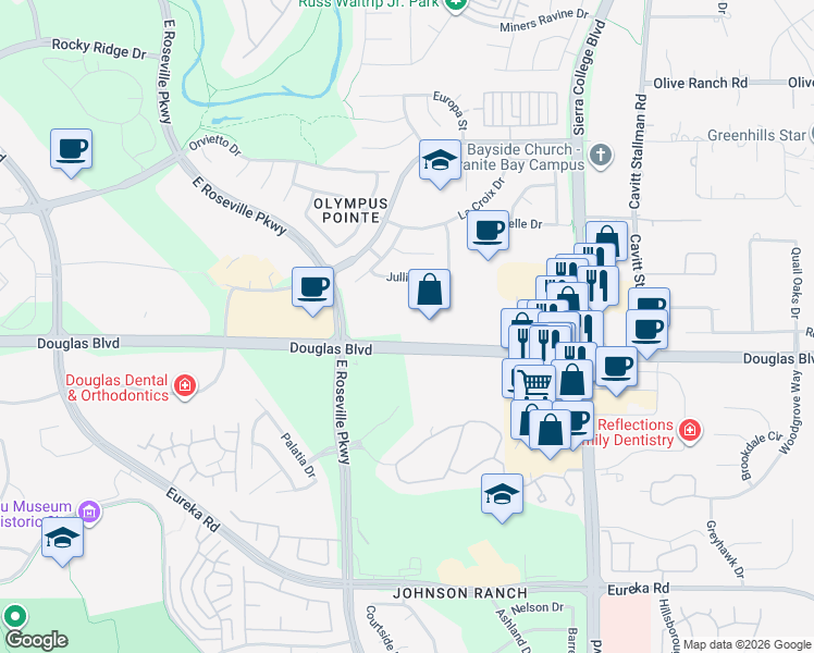map of restaurants, bars, coffee shops, grocery stores, and more near 3001 Douglas Boulevard in Roseville