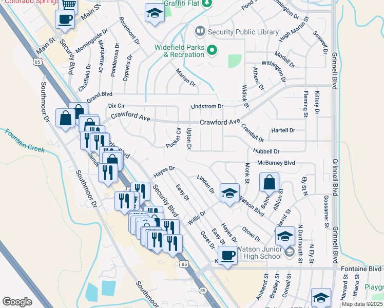map of restaurants, bars, coffee shops, grocery stores, and more near 605 Upton Drive in Colorado Springs