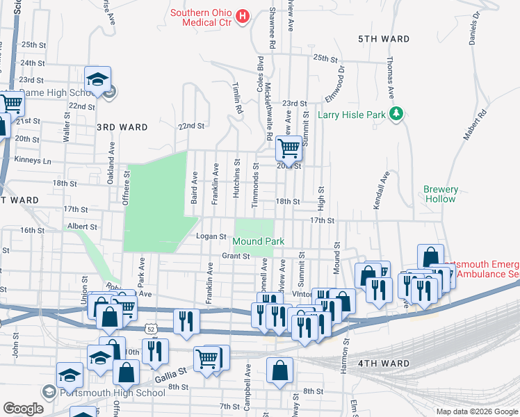 map of restaurants, bars, coffee shops, grocery stores, and more near 1723 Timmonds Street in Portsmouth