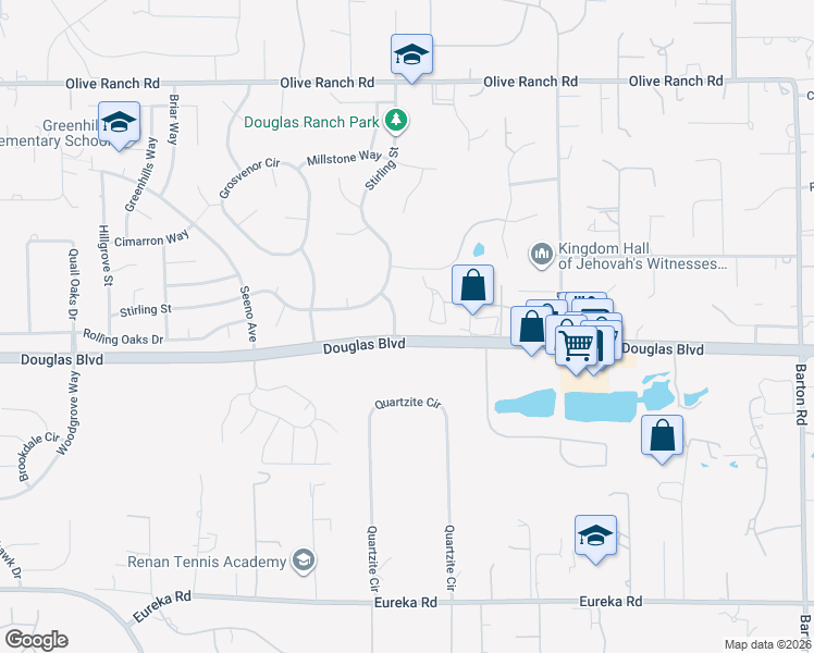 map of restaurants, bars, coffee shops, grocery stores, and more near 8008 Douglas Ranch Drive in Granite Bay