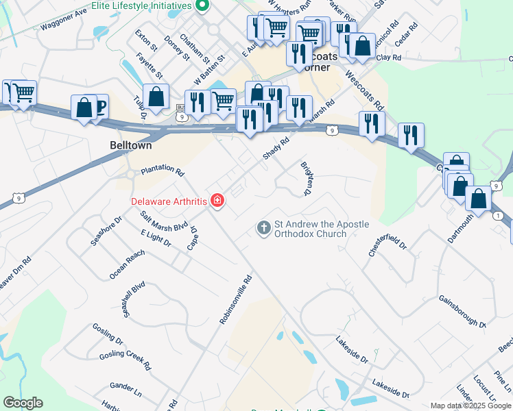 map of restaurants, bars, coffee shops, grocery stores, and more near 21044 Wavecrest Terrace in Sussex County