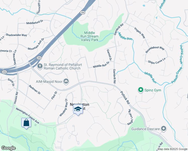 map of restaurants, bars, coffee shops, grocery stores, and more near 7810 Newington Woods Drive in Springfield