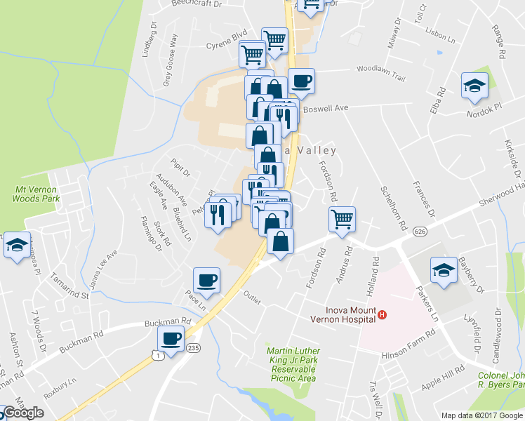 map of restaurants, bars, coffee shops, grocery stores, and more near 7844 Richmond Highway in Alexandria