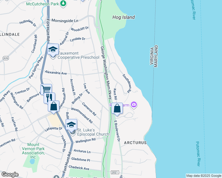 map of restaurants, bars, coffee shops, grocery stores, and more near 7830 Kent Road in Alexandria