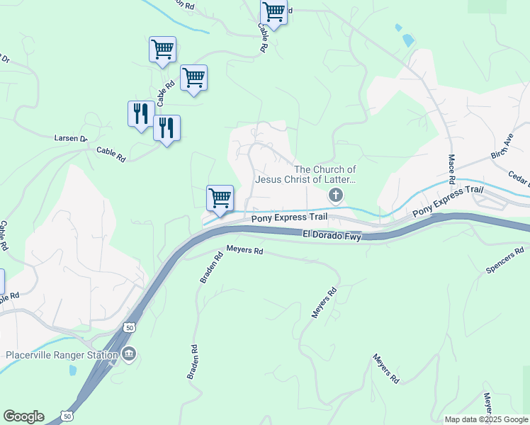 map of restaurants, bars, coffee shops, grocery stores, and more near 4521 Pony Express Trail in Camino