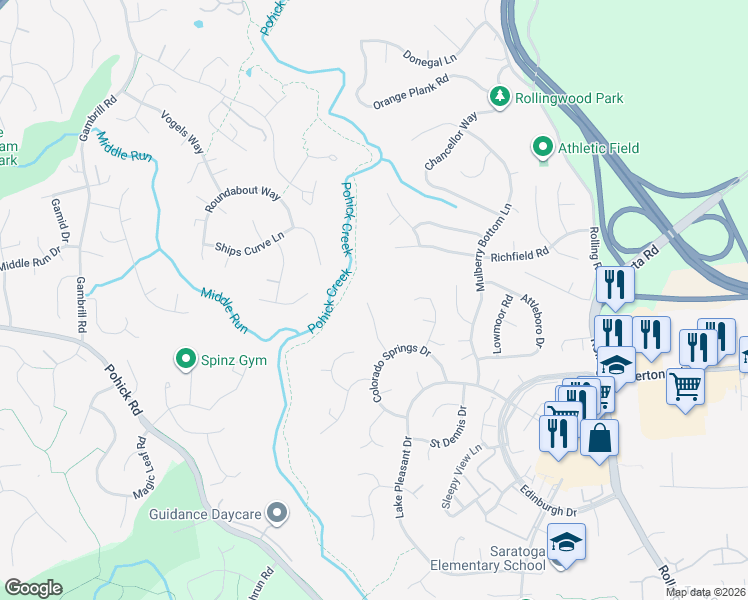 map of restaurants, bars, coffee shops, grocery stores, and more near 7805 Cliffside Court in Springfield