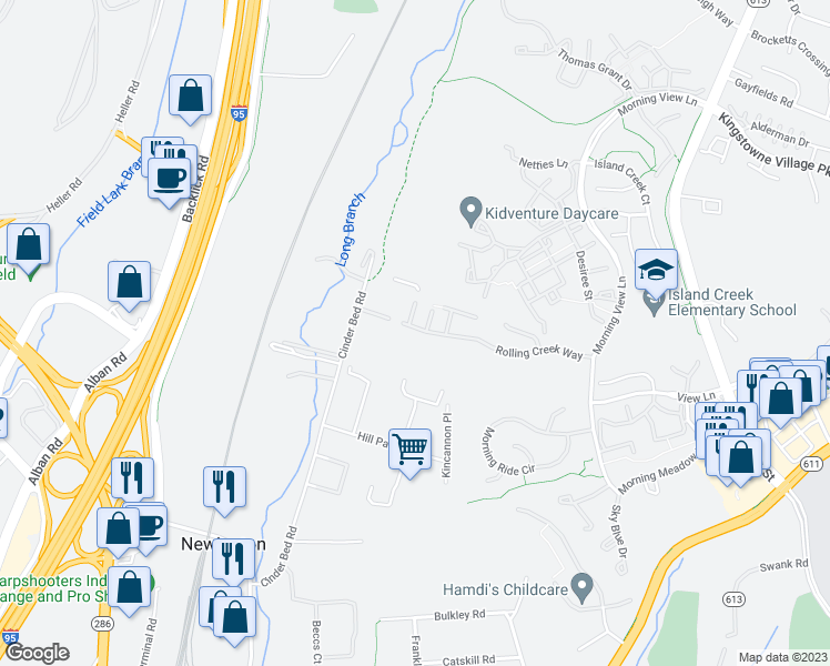map of restaurants, bars, coffee shops, grocery stores, and more near 6933 Rolling Creek Way in Alexandria