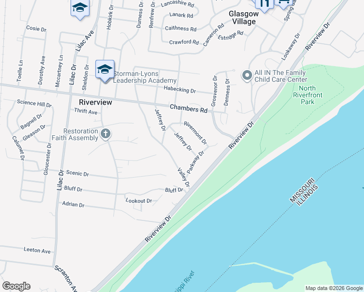 map of restaurants, bars, coffee shops, grocery stores, and more near 9843 Jeffrey Drive in St. Louis