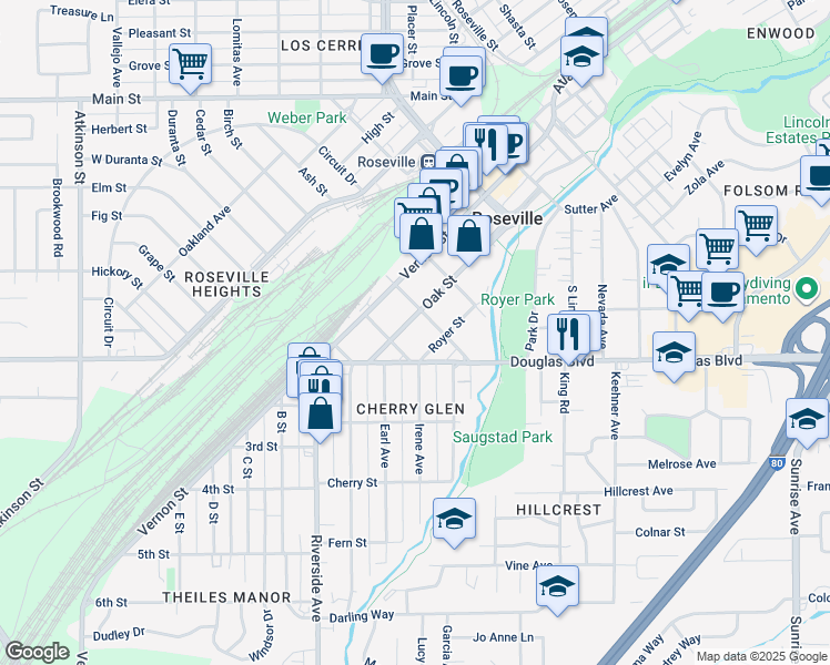 map of restaurants, bars, coffee shops, grocery stores, and more near 615A Oak Street in Roseville