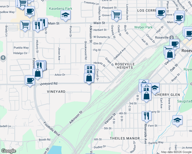 map of restaurants, bars, coffee shops, grocery stores, and more near 1118 Circuit Drive in Roseville