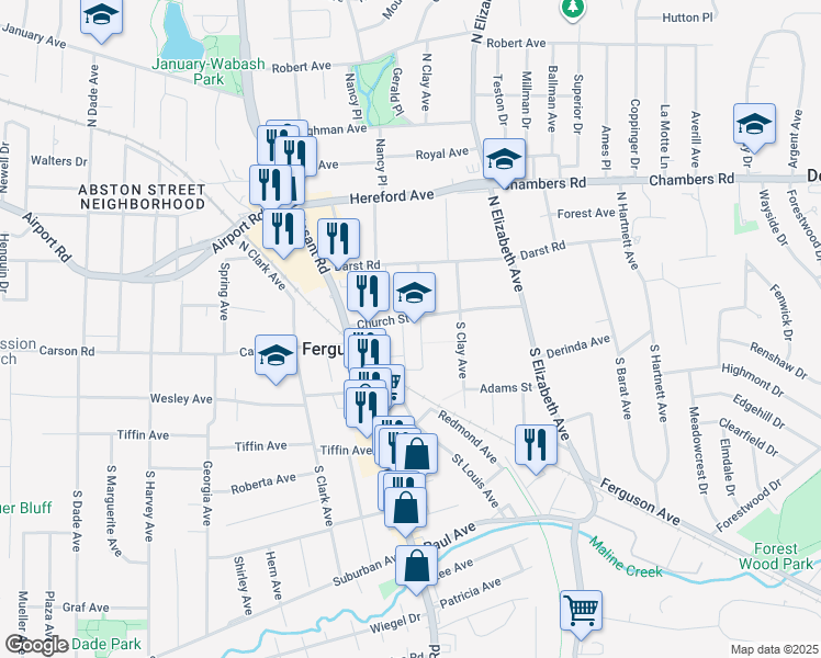 map of restaurants, bars, coffee shops, grocery stores, and more near 126 Church Street in Ferguson