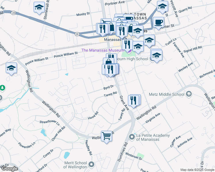map of restaurants, bars, coffee shops, grocery stores, and more near 9234 Byrd Drive in Manassas