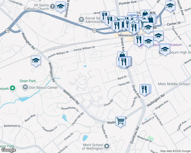 map of restaurants, bars, coffee shops, grocery stores, and more near 9231 Acer Lane in Manassas