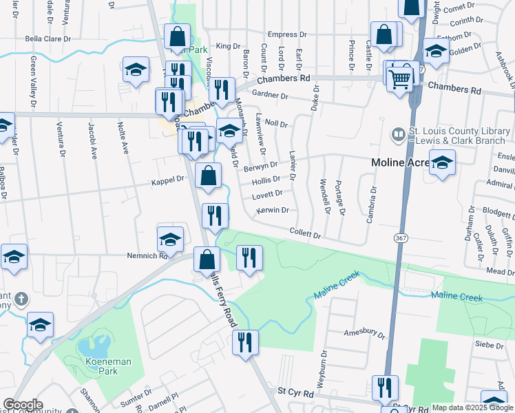 map of restaurants, bars, coffee shops, grocery stores, and more near 2213 Kerwin Drive in St. Louis